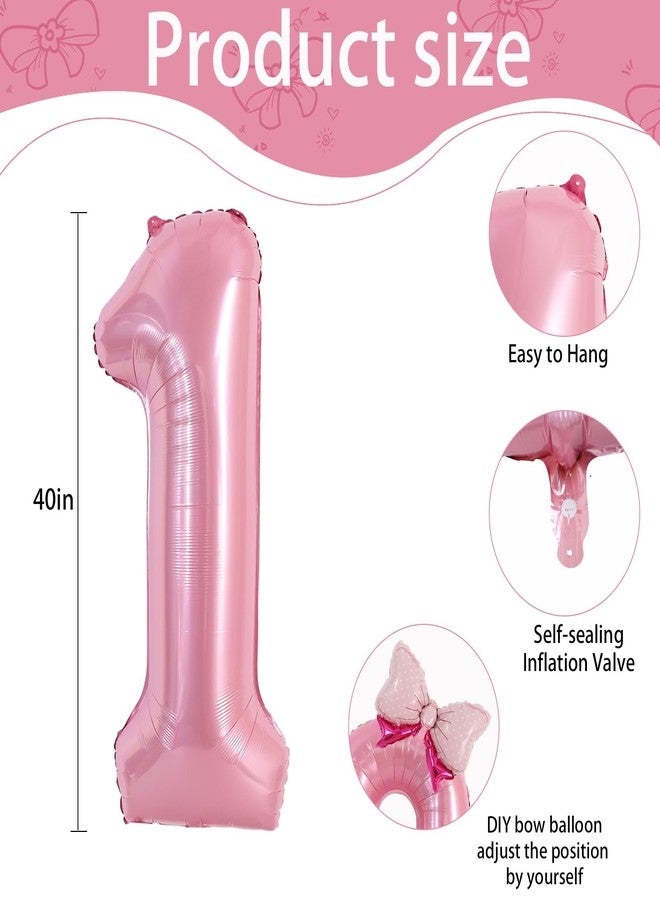 Vuzvuv 40 Inch Pink Bow Balloons Huge Foil Pink Number Balloon No.1 for Birthday Party Decoration, Mini Bowtie Balloon for 1st Birthday Baby Shower Anniversary - Image 2